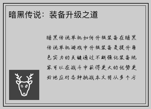 暗黑传说:装备升级之道
