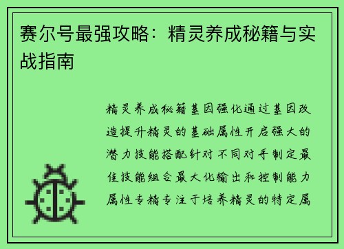 赛尔号最强攻略:精灵养成秘籍与实战指南